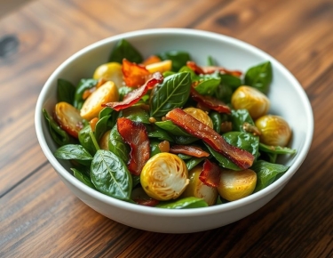 Тёплый салат из брюссельской капусты, шпината и бекона