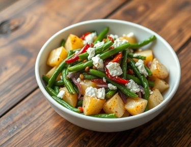 Тёплый салат из картофеля и стручковой фасоли с козьим сыром