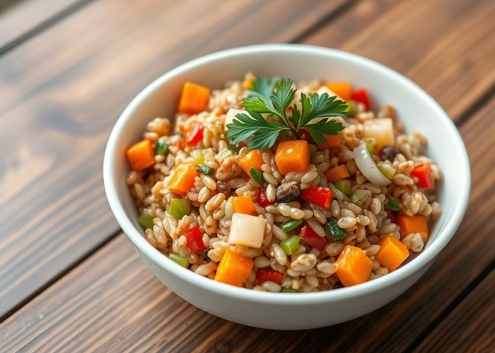 Тёплый салат с перловкой и овощами Тёплый салат с перловкой и овощами