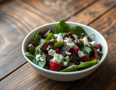 Тёплый салат со свёклой, шпинатом и фетой