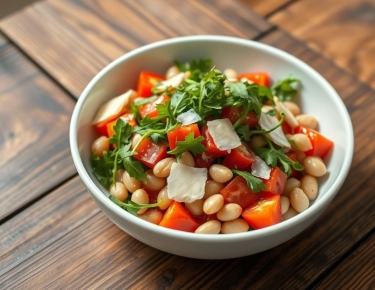 Салат с рукколой, белой фасолью и свежими помидорами