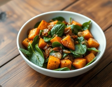 Тёплый салат из батата и шпината с карамелизированным луком