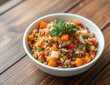 Тёплый салат с перловкой и овощами